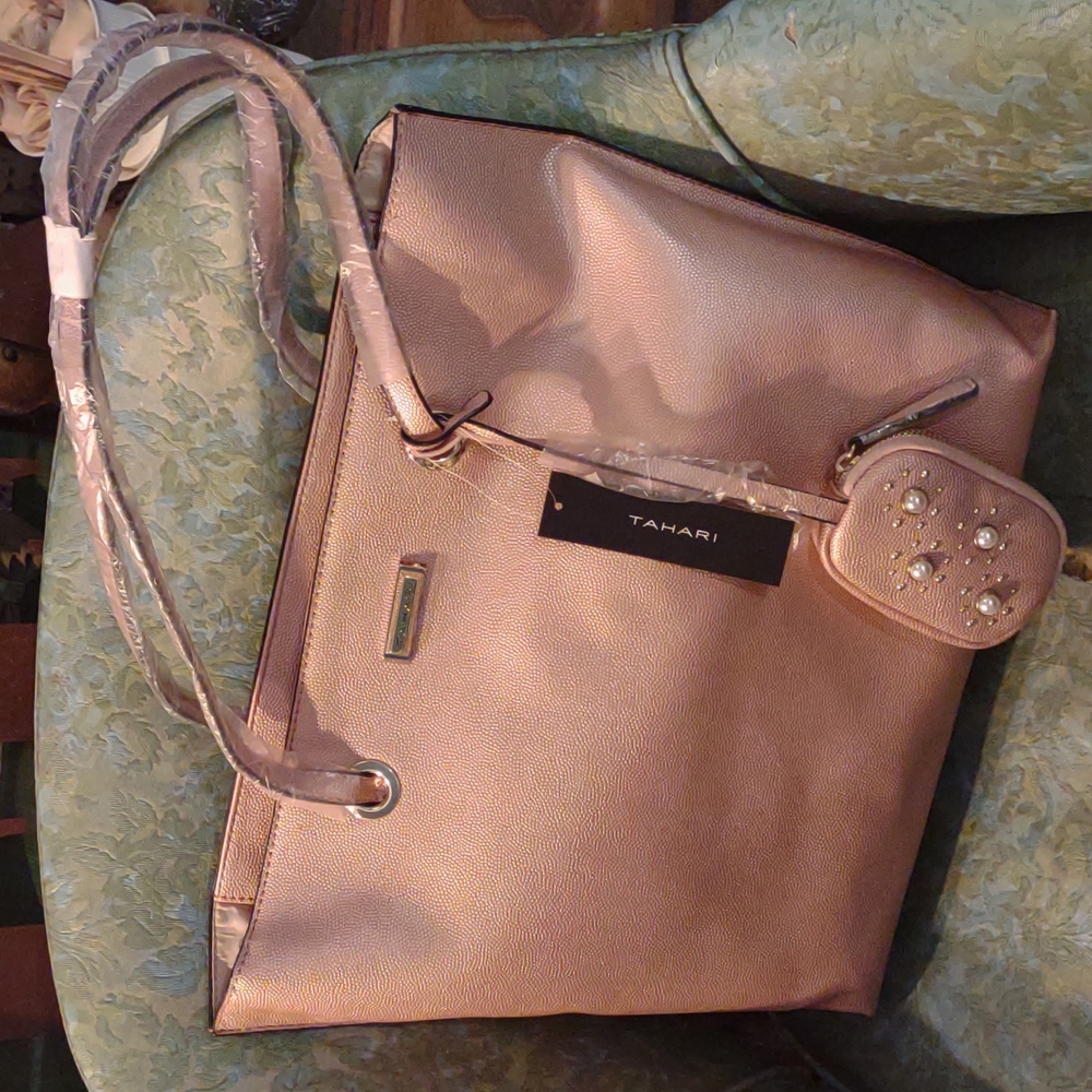 Tahari satchel, large, Rose gold, Pearls finish.